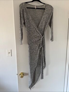 Grey Asymmetrical Wrap Dress with Side Tie